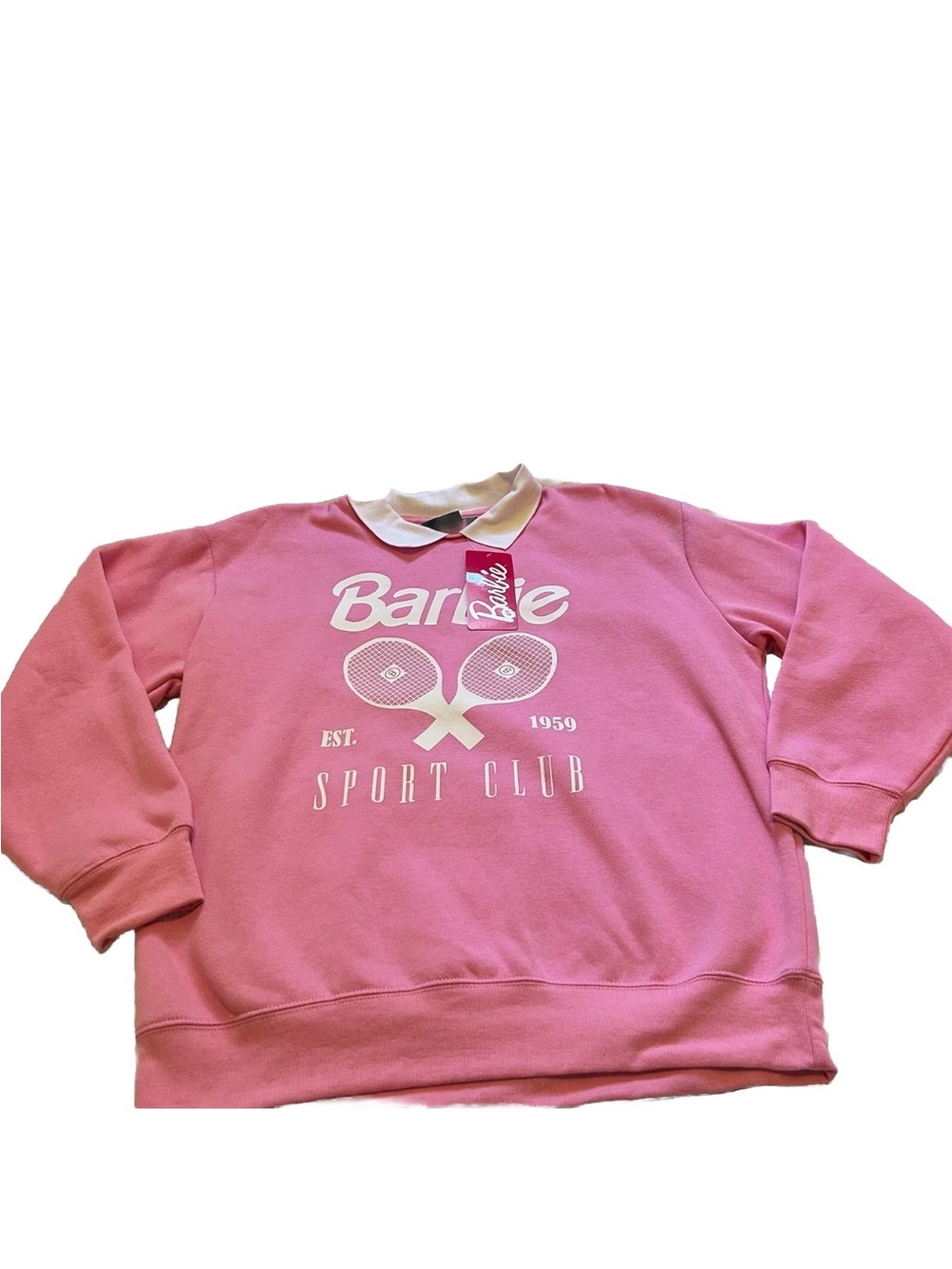 Barbie Women’s Sports Club Pink & White Collard Sweatshirt With Racket Sz L NWT